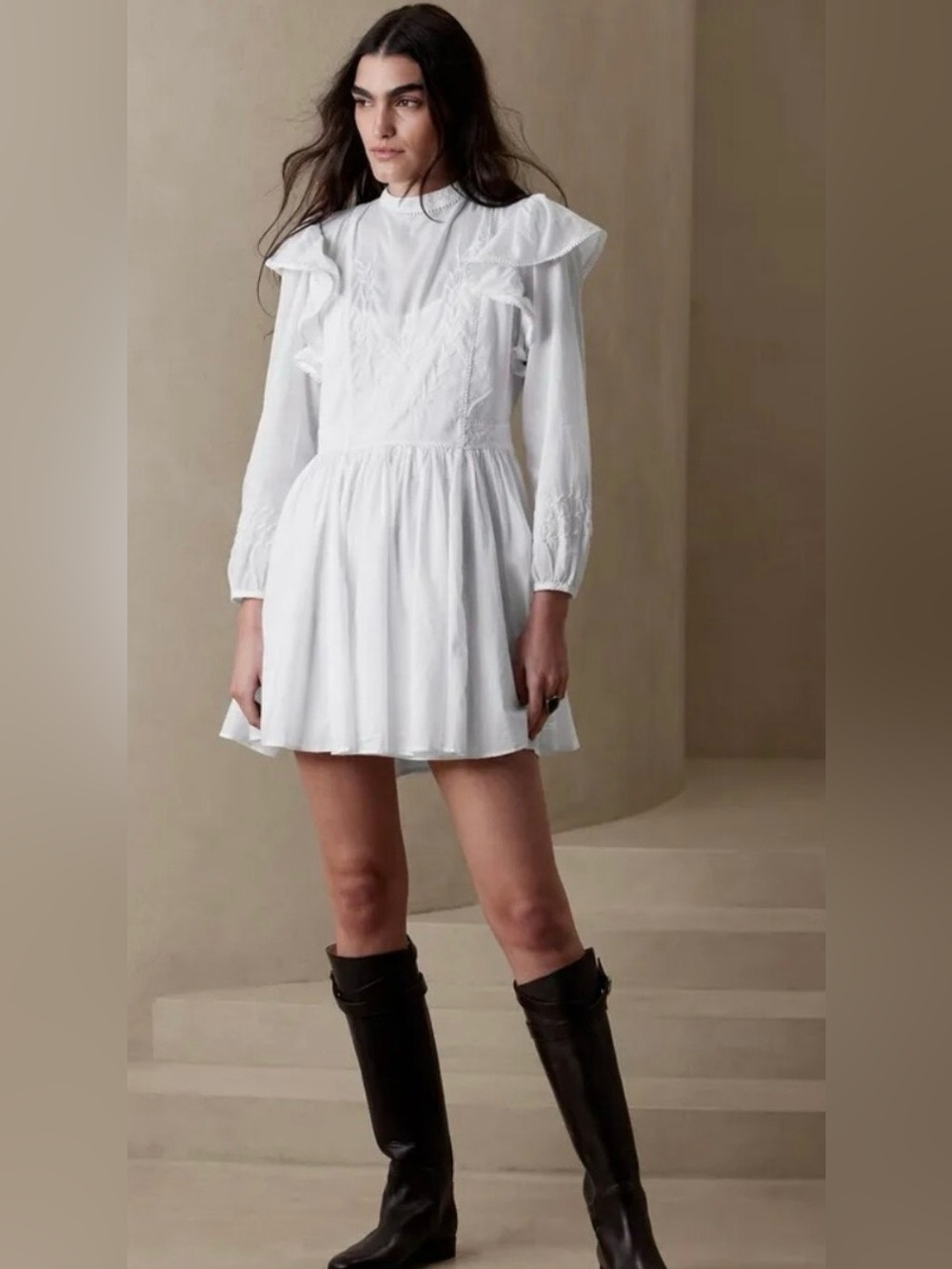 NWT Banana Republic Esme White Ruffle Yoke Mini Dress Cotton Embroidered sz S